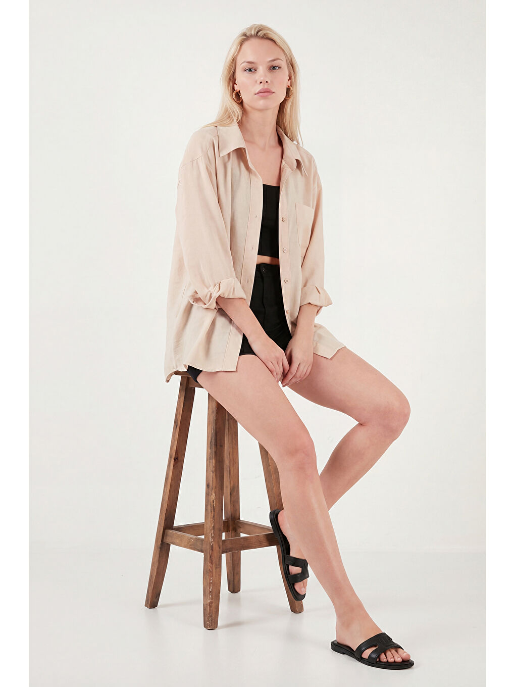 Bej Modal Oversize Fit Uzun Kollu Kadın Gömlek 6834612-5