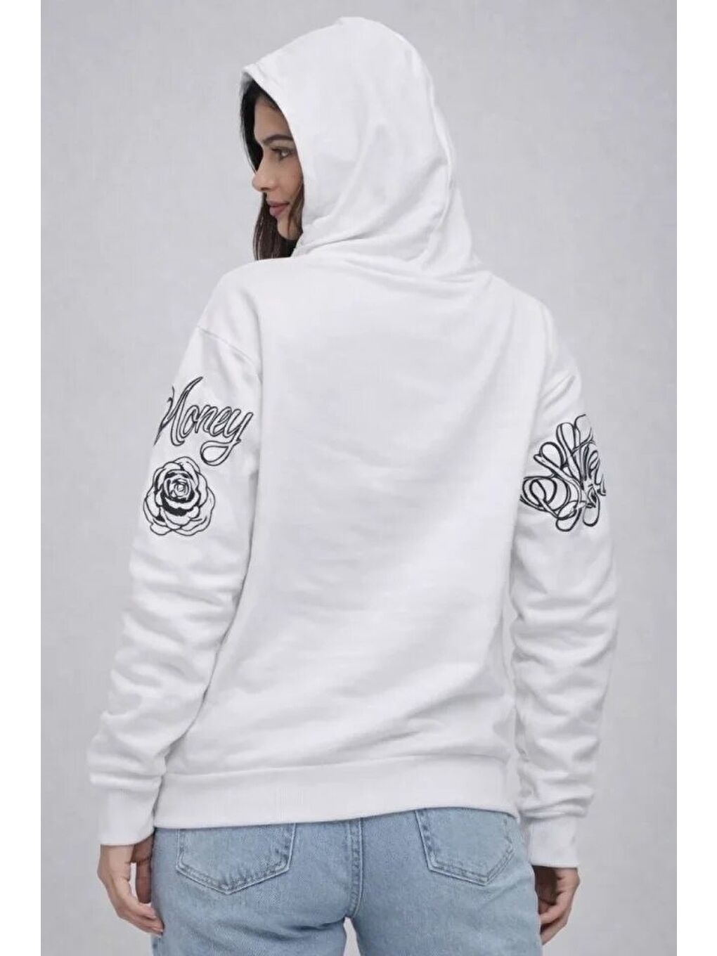 3 İplik Pamuklu Kapüşonlu Baskılı SweatShirt Hoodie - Beyaz-1