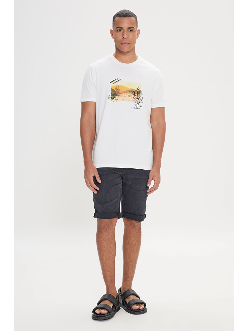 Erkek Ekru Comfort Fit Rahat Kesim Bisiklet Yaka %100 Pamuk Flamlı Tişört-1