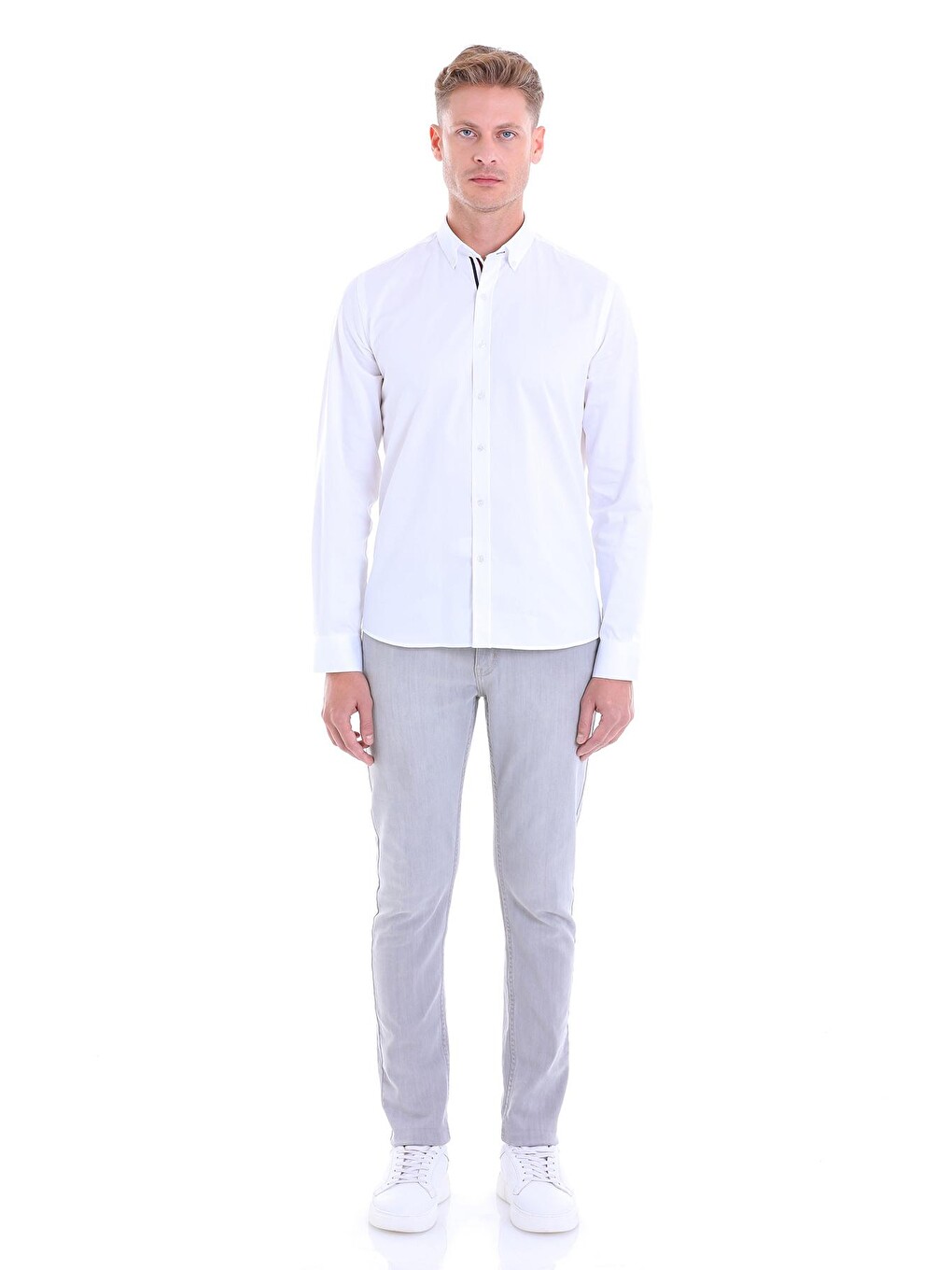 Beyaz Comfort Fit Düz 100% Pamuk Slim Yaka Uzun Kollu Klasik Saten Gömlek-2