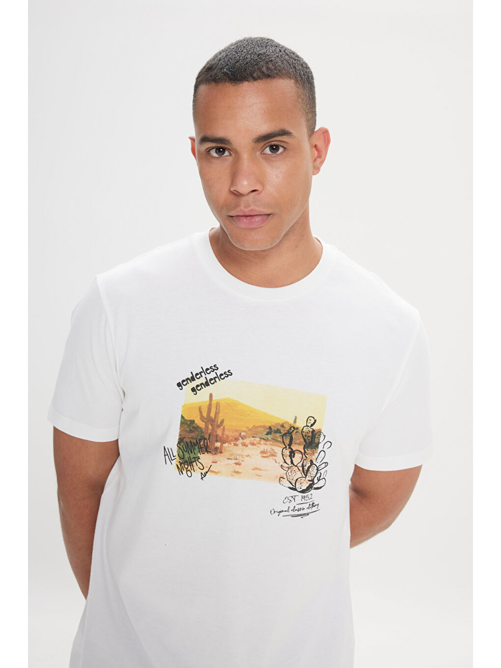 Erkek Ekru Comfort Fit Rahat Kesim Bisiklet Yaka %100 Pamuk Flamlı Tişört-2