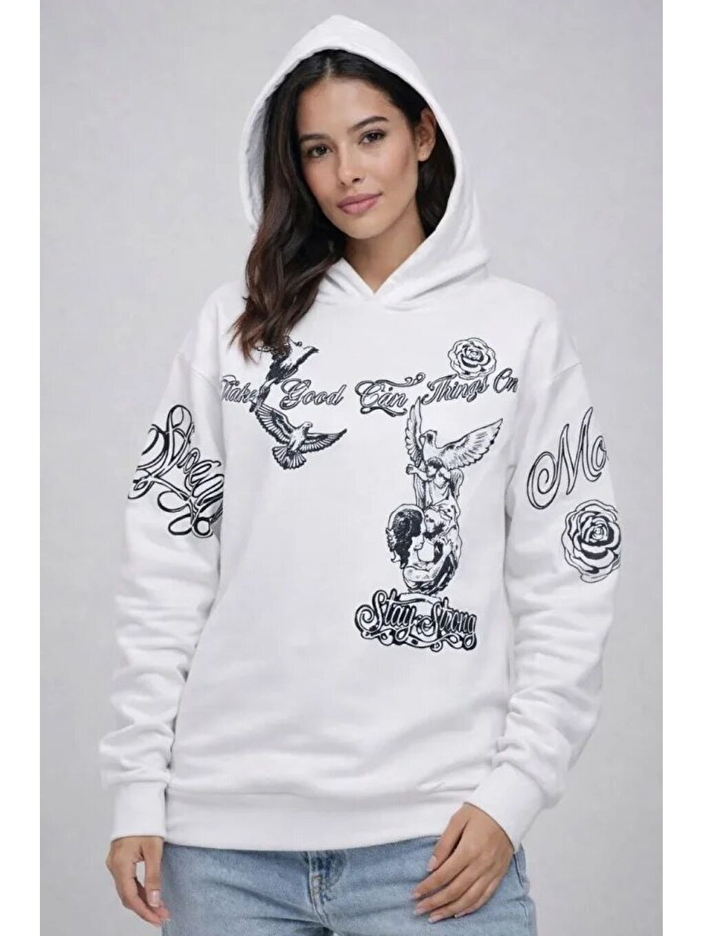 3 İplik Pamuklu Kapüşonlu Baskılı SweatShirt Hoodie - Beyaz-2