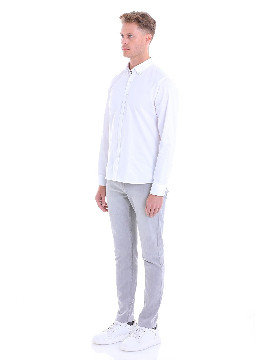 Beyaz Comfort Fit Düz 100% Pamuk Slim Yaka Uzun Kollu Klasik Saten Gömlek-3