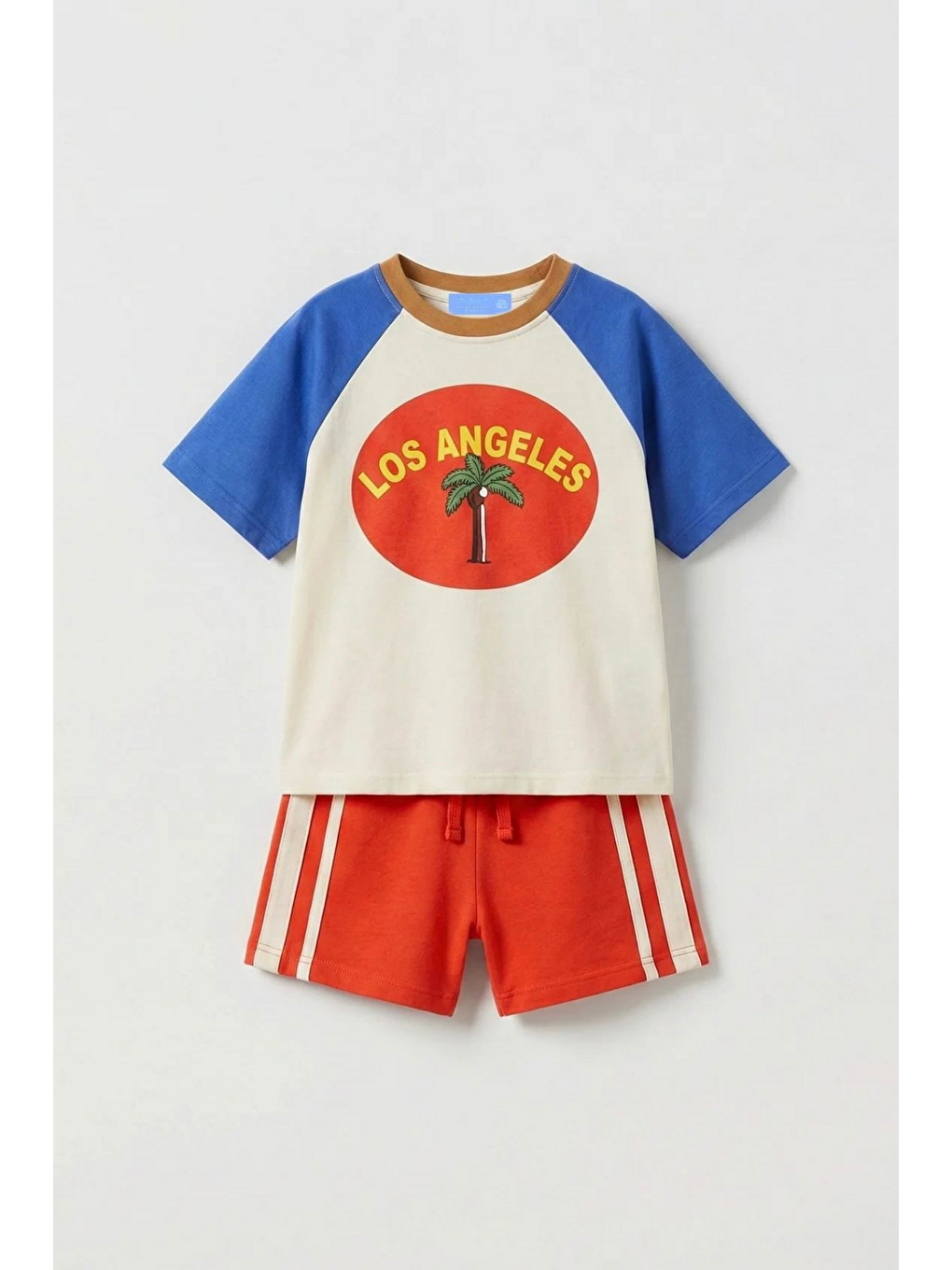 Karışık Unisex Çocuk Pamuklu Ekru Saks Mavi Los Angeles Baskılı Tişört Şort Takım