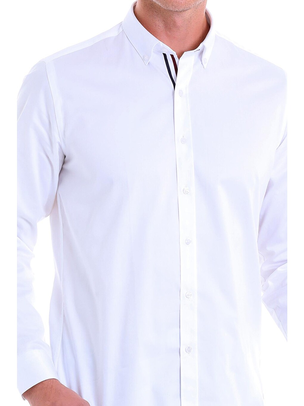 Beyaz Comfort Fit Düz 100% Pamuk Slim Yaka Uzun Kollu Klasik Saten Gömlek-4