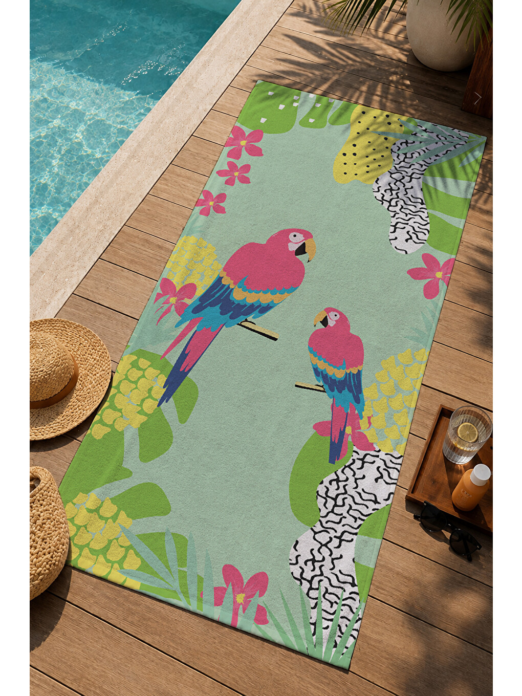 Yeşil Tropikal Flamingo Ve Çiçek Desenli 70x150 Cm Dijital Baskılı Plaj Ve Banyo Havlusu-2