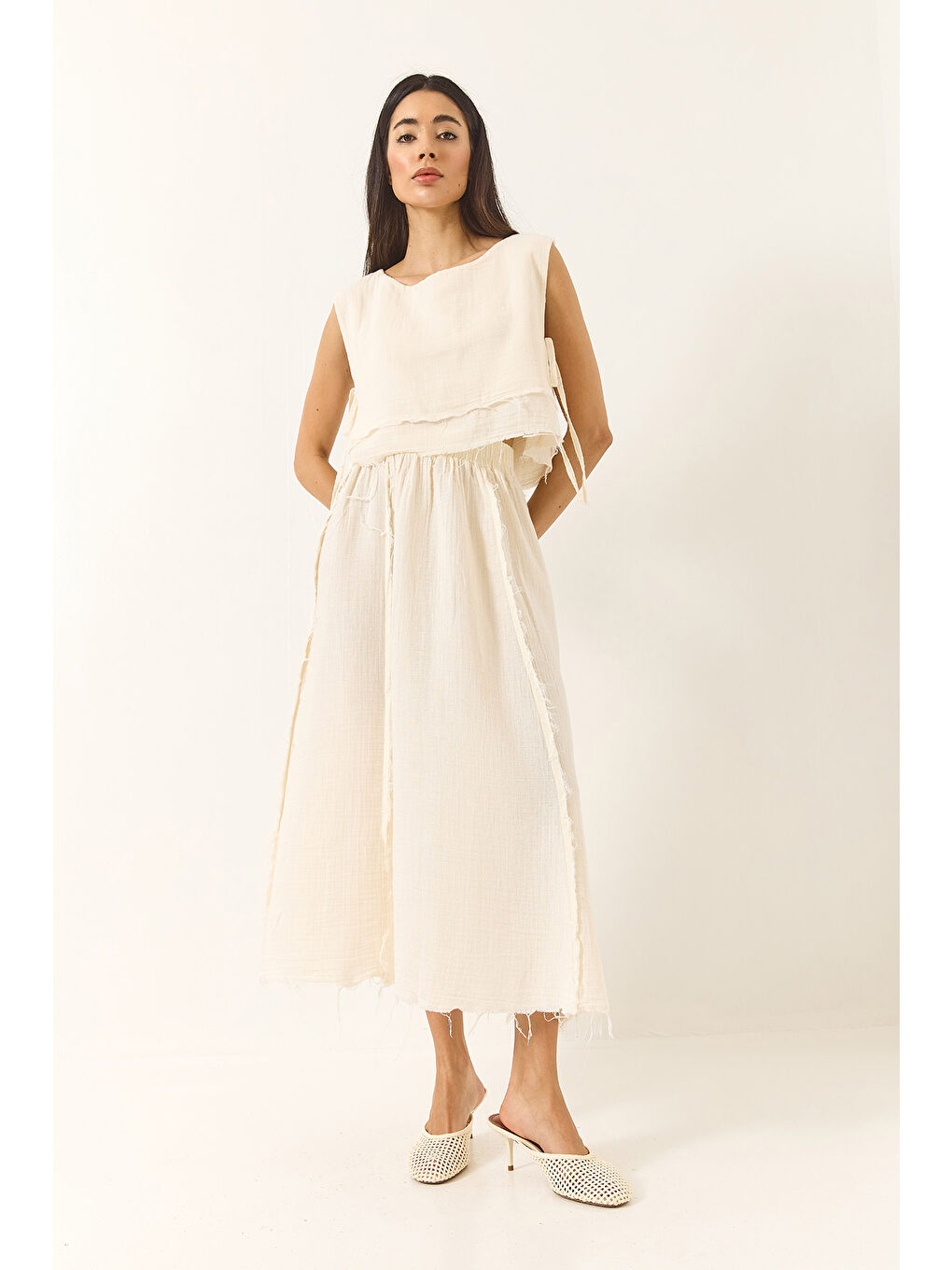 Ekru Kadın Beli Lastikli Etek Yandan Bağlama Detaylı Crop Müslin Alt-Üst Takım-3