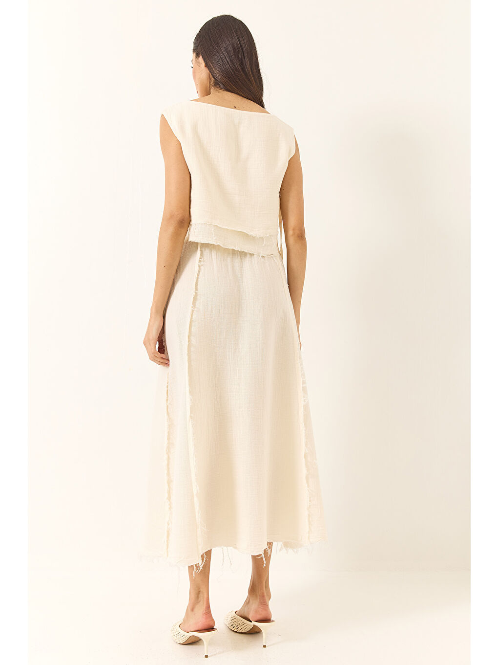 Ekru Kadın Beli Lastikli Etek Yandan Bağlama Detaylı Crop Müslin Alt-Üst Takım-6