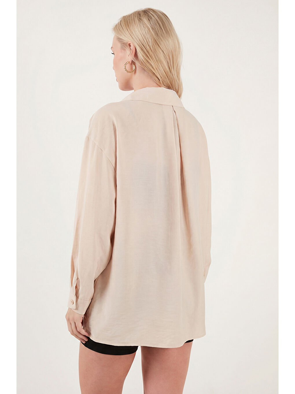 Bej Modal Oversize Fit Uzun Kollu Kadın Gömlek 6834612-6