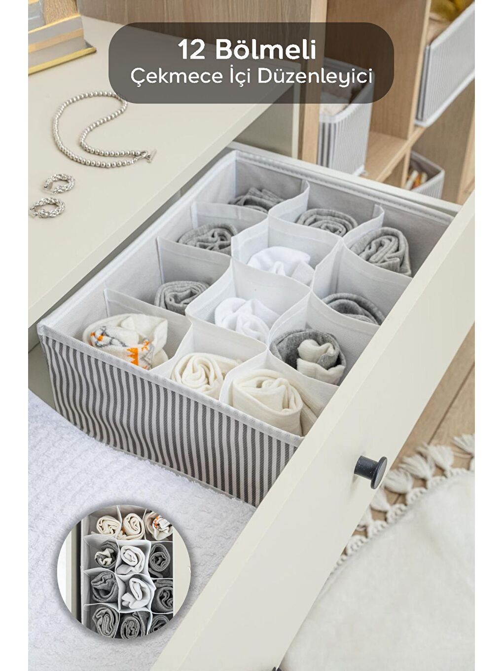 Gri 12 Bölmeli Çekmece İçi Düzenleyici Çok Amaçlı Dolap Düzenleyici Çamaşır Çorap Organizer 31x25x12cm-1