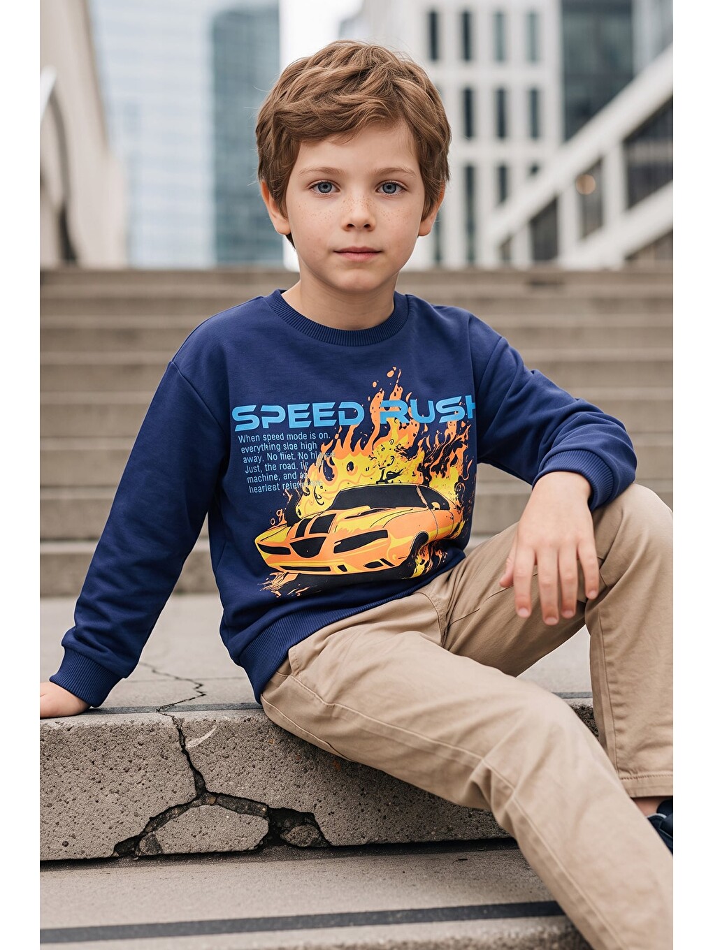 Lacivert Araba Baskılı Erkek Çocuk Sweatshirt