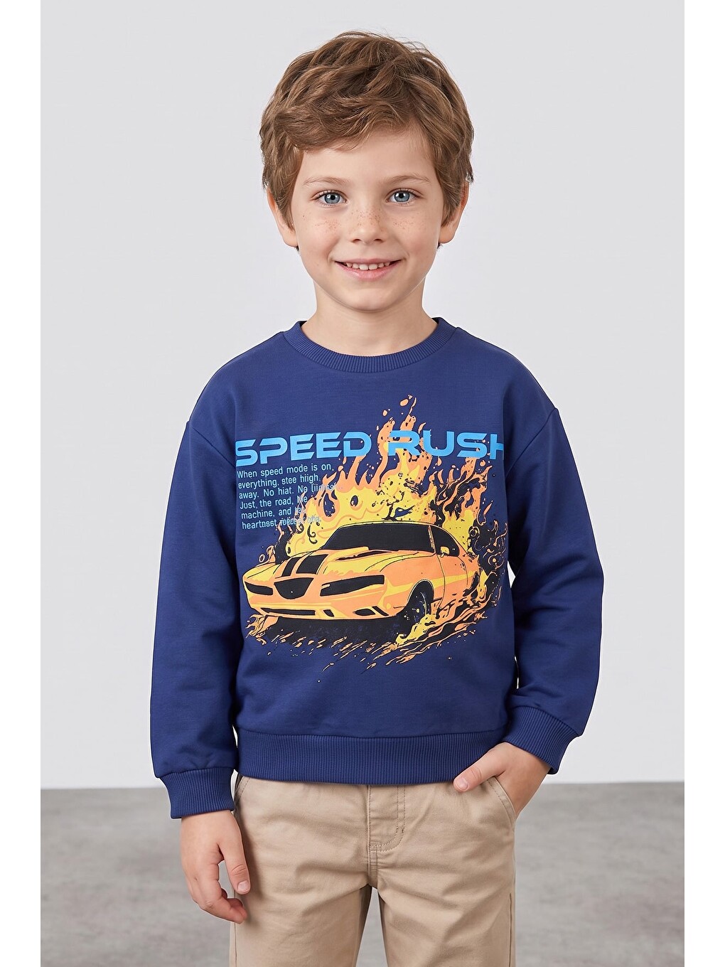 Lacivert Araba Baskılı Erkek Çocuk Sweatshirt-1