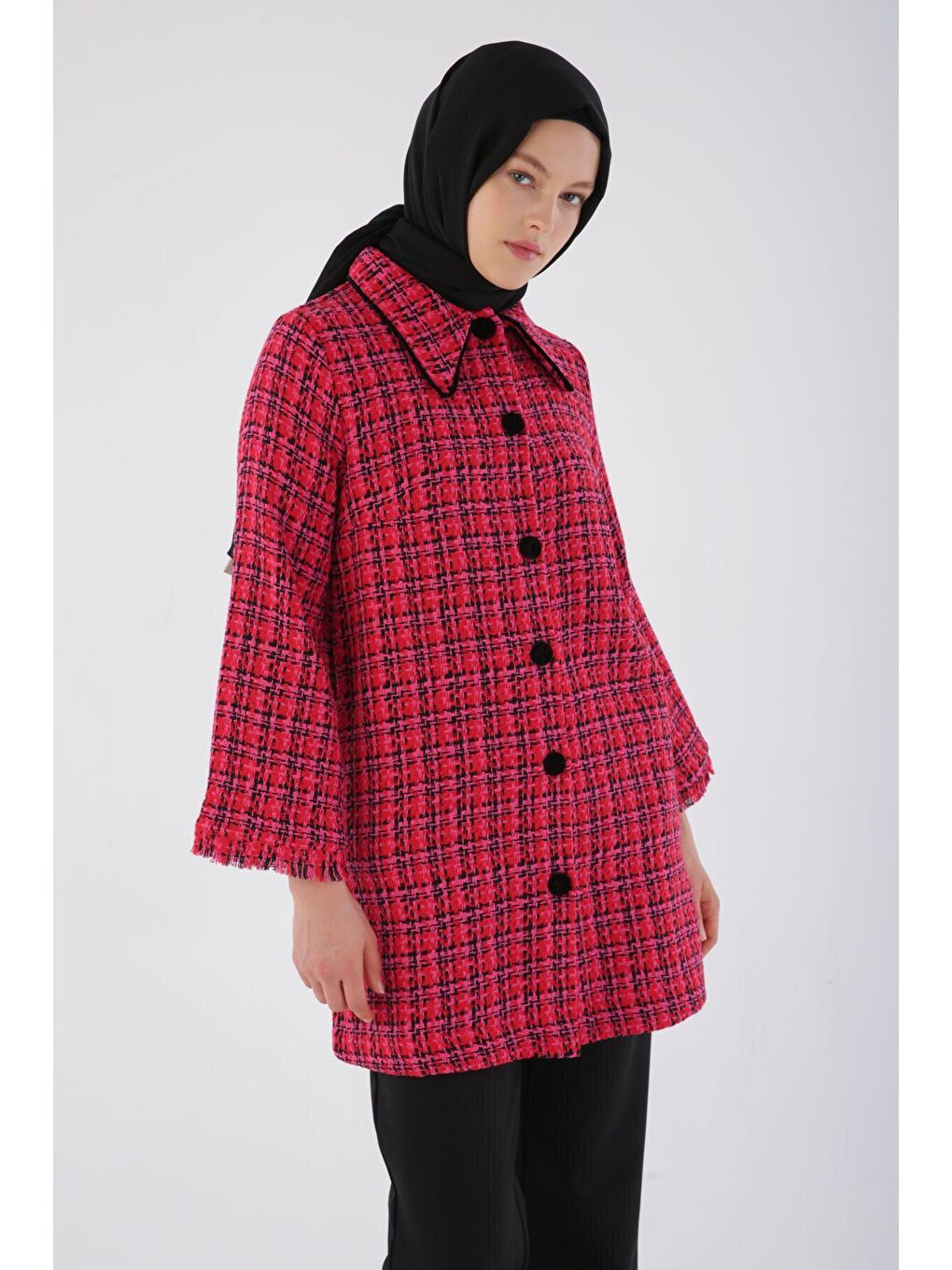 Kırmızı Kadife Düğmeli Gömlek Yaka Tüvit Ceket-4