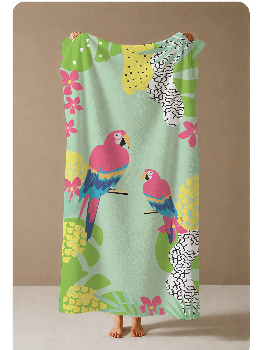 Yeşil Tropikal Flamingo Ve Çiçek Desenli 70x150 Cm Dijital Baskılı Plaj Ve Banyo Havlusu-3