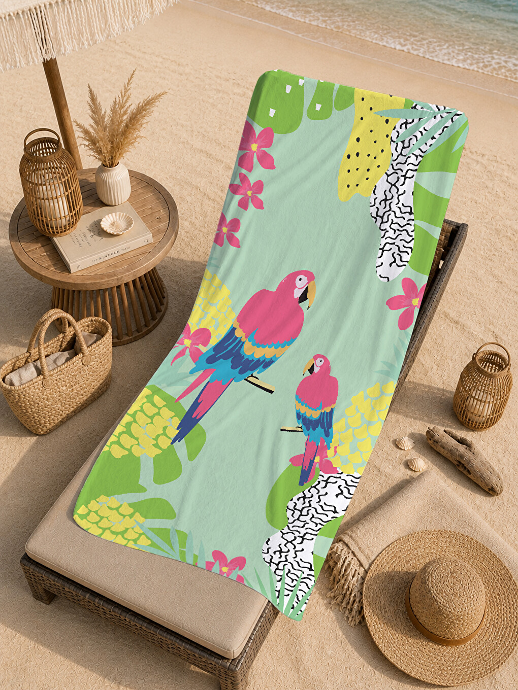 Yeşil Tropikal Flamingo Ve Çiçek Desenli 70x150 Cm Dijital Baskılı Plaj Ve Banyo Havlusu-4