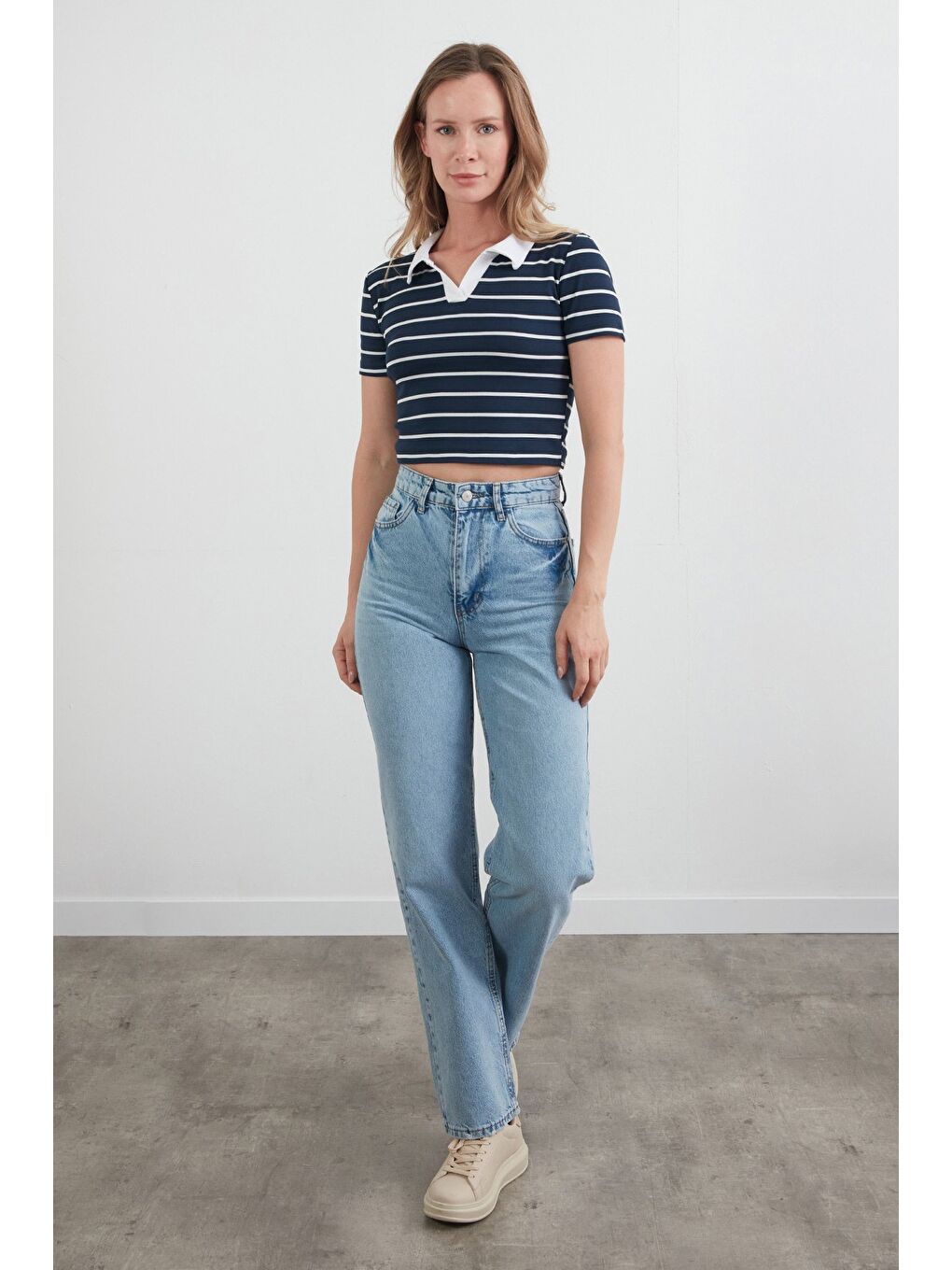 Lacivert Çizgili polo Yaka Tişört-1