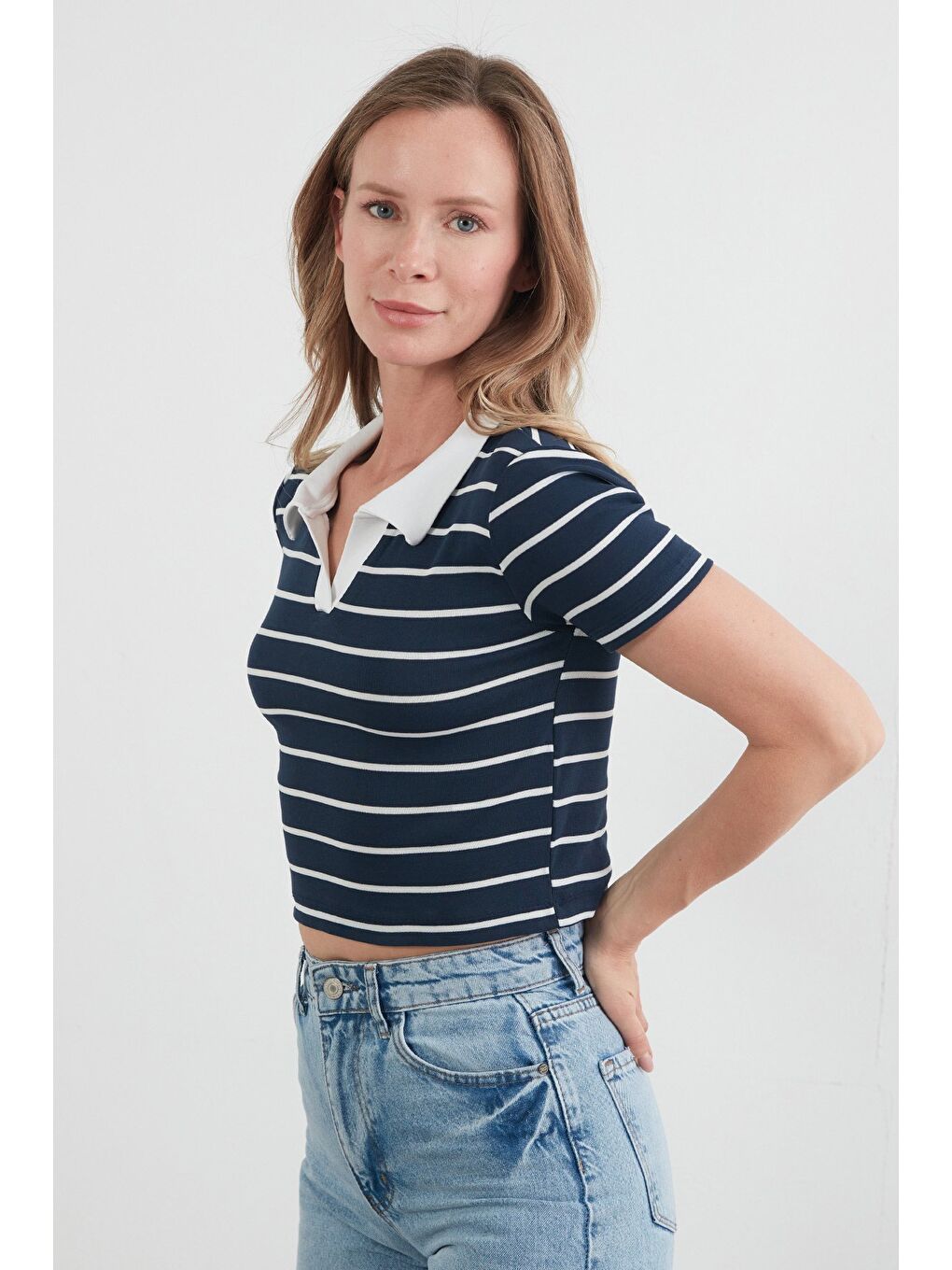 Lacivert Çizgili polo Yaka Tişört-2