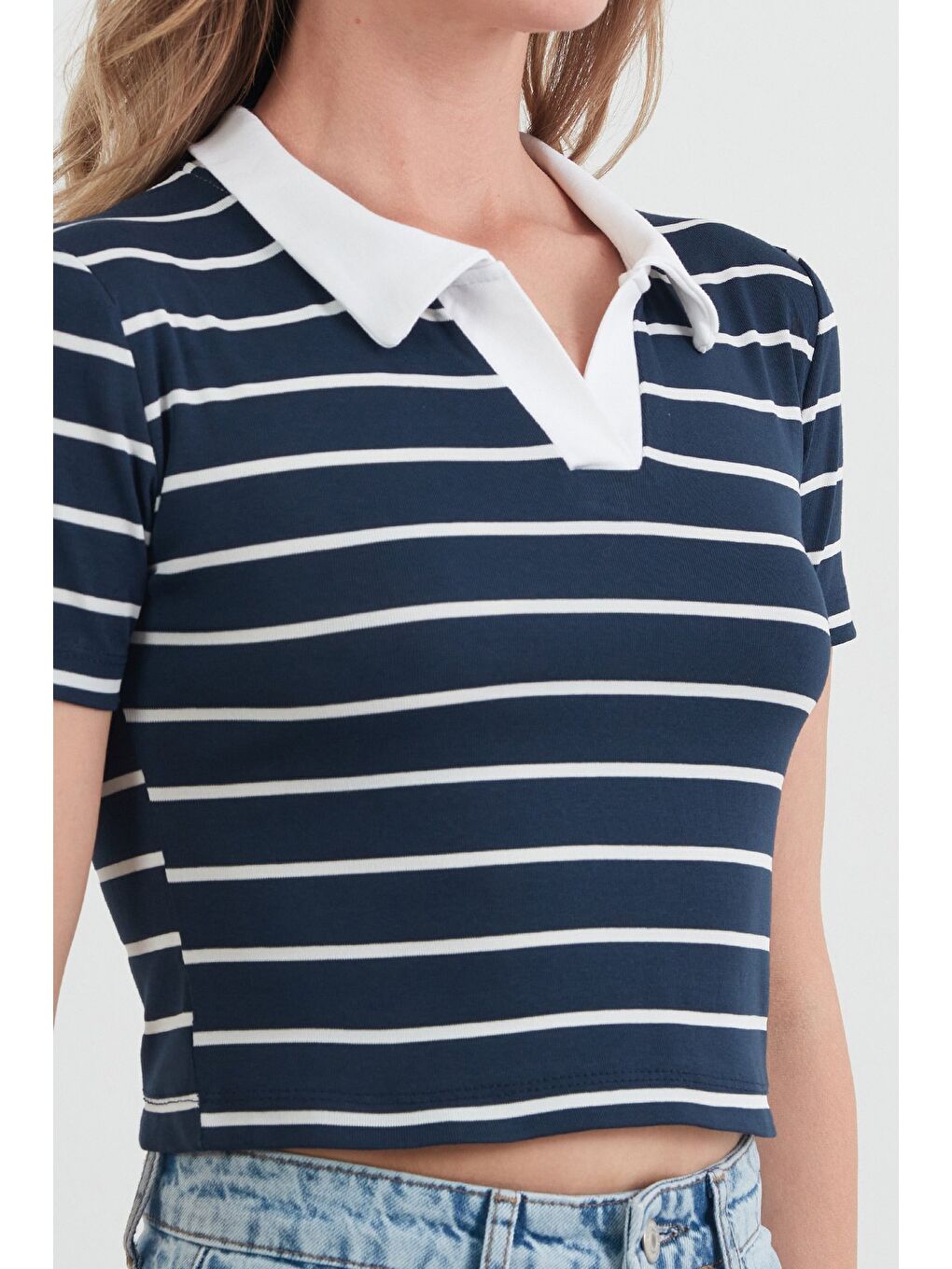 Lacivert Çizgili polo Yaka Tişört-4