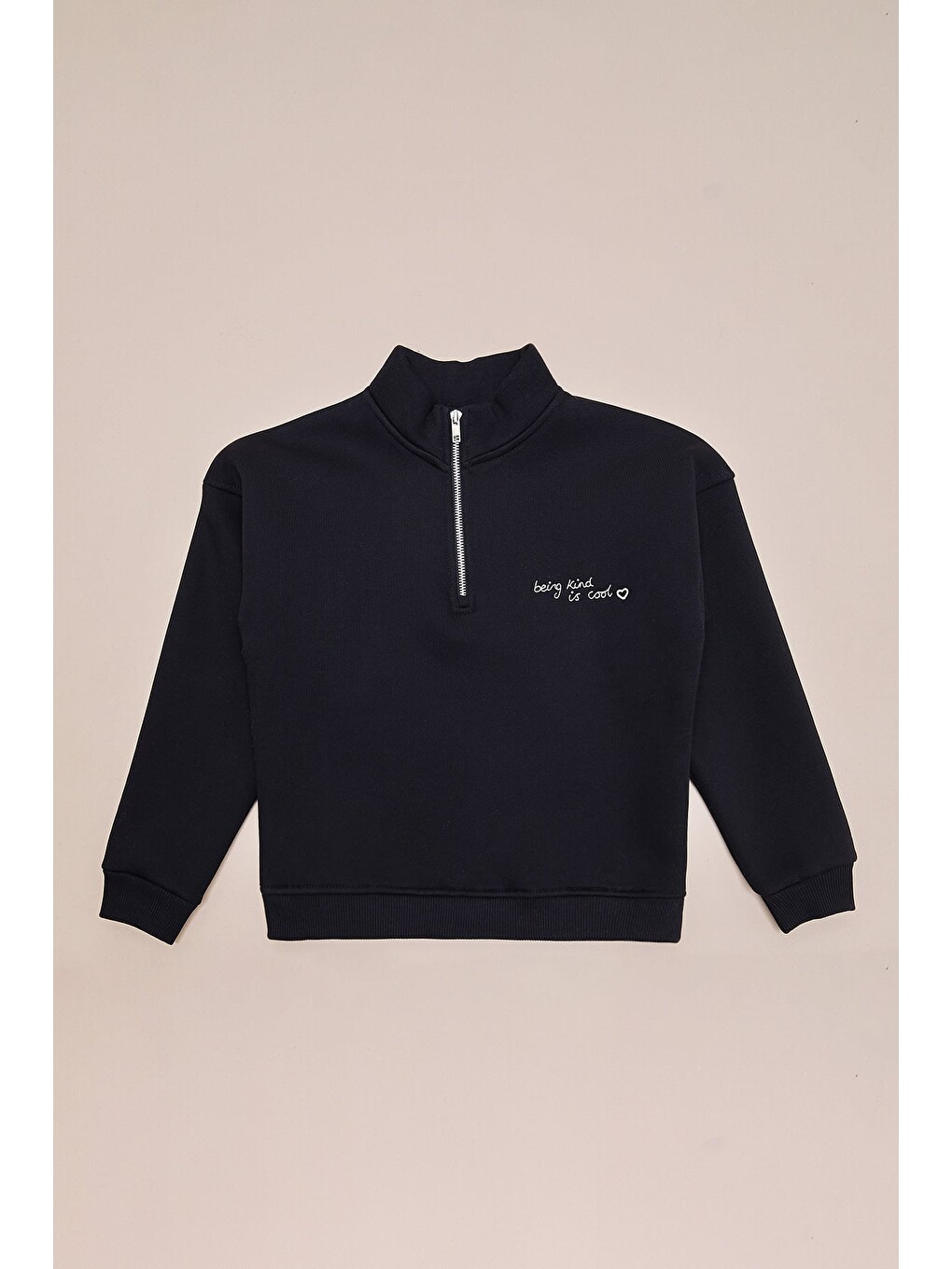 Siyah 3 İplik Yarım Fermuarlı Dik Yaka Kız Çocuk Sweatshirt-2