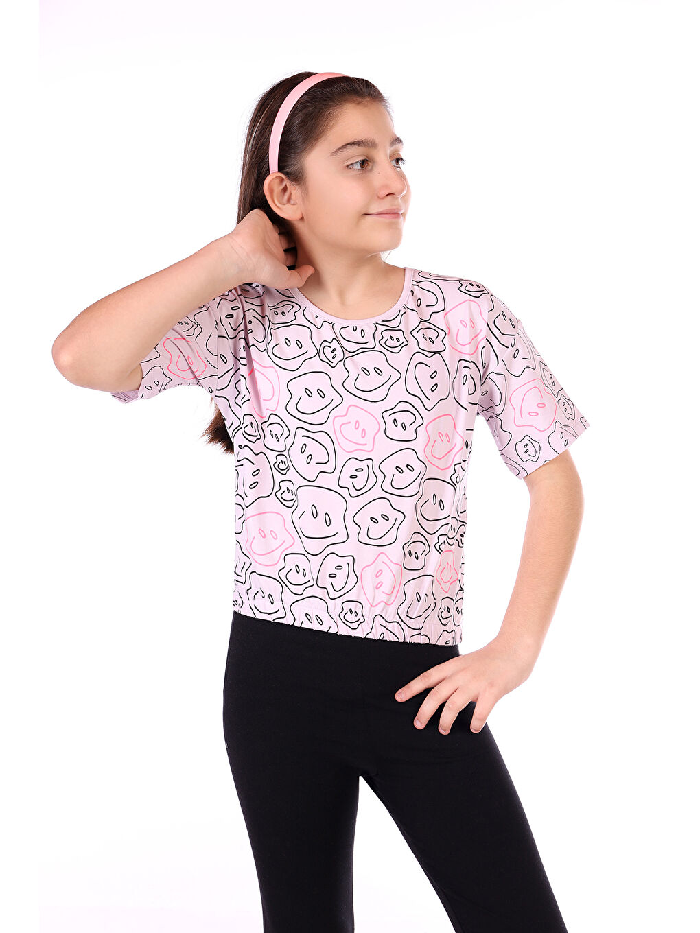 Lila Kız Çocuk Komple Gülen Yüz Baskılı Tişört