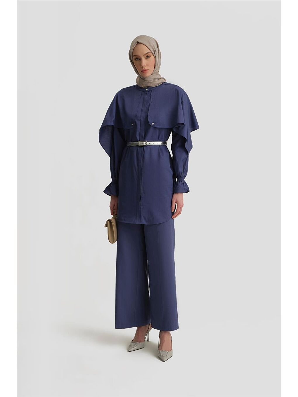 Mavi Pelerin Detaylı Pamuk Tunik 25Y4606 Puslu Mor-1