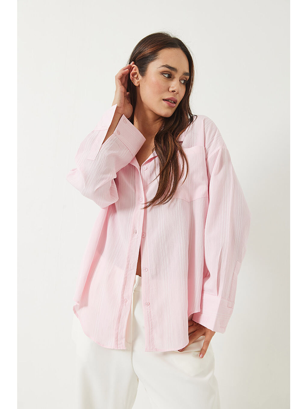 Pembe Kadın Tek Cepli Çizgili Salaş Gömlek-2