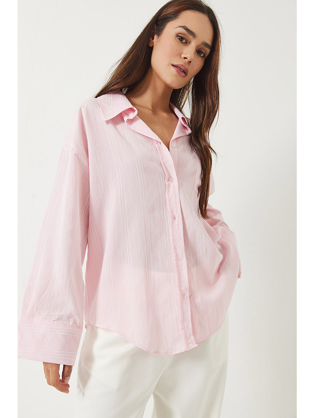 Pembe Kadın Tek Cepli Çizgili Salaş Gömlek-3