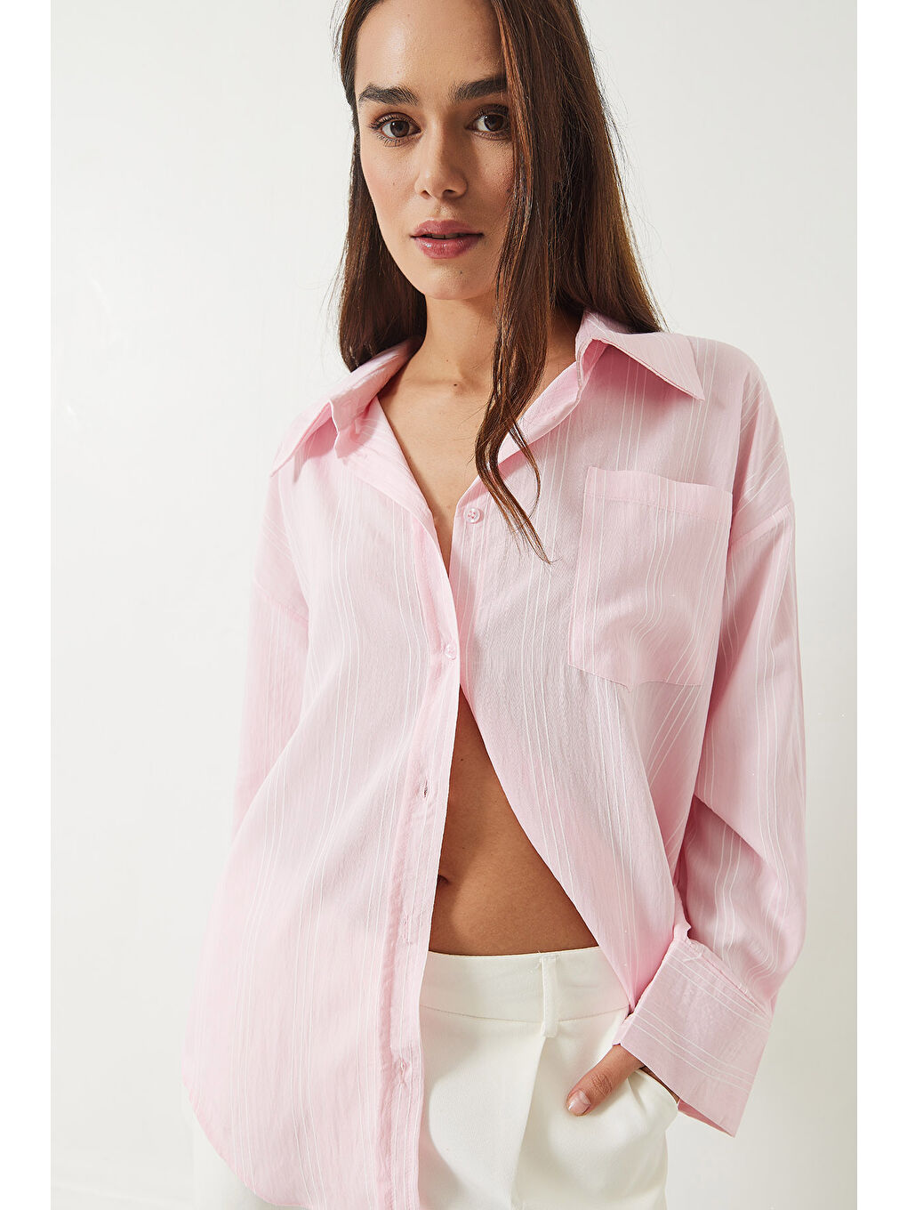 Pembe Kadın Tek Cepli Çizgili Salaş Gömlek-4