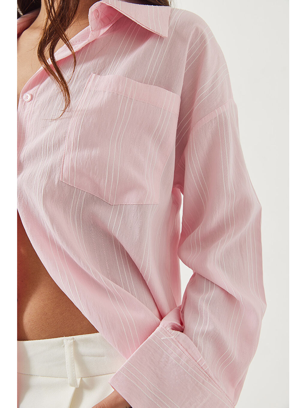 Pembe Kadın Tek Cepli Çizgili Salaş Gömlek-6
