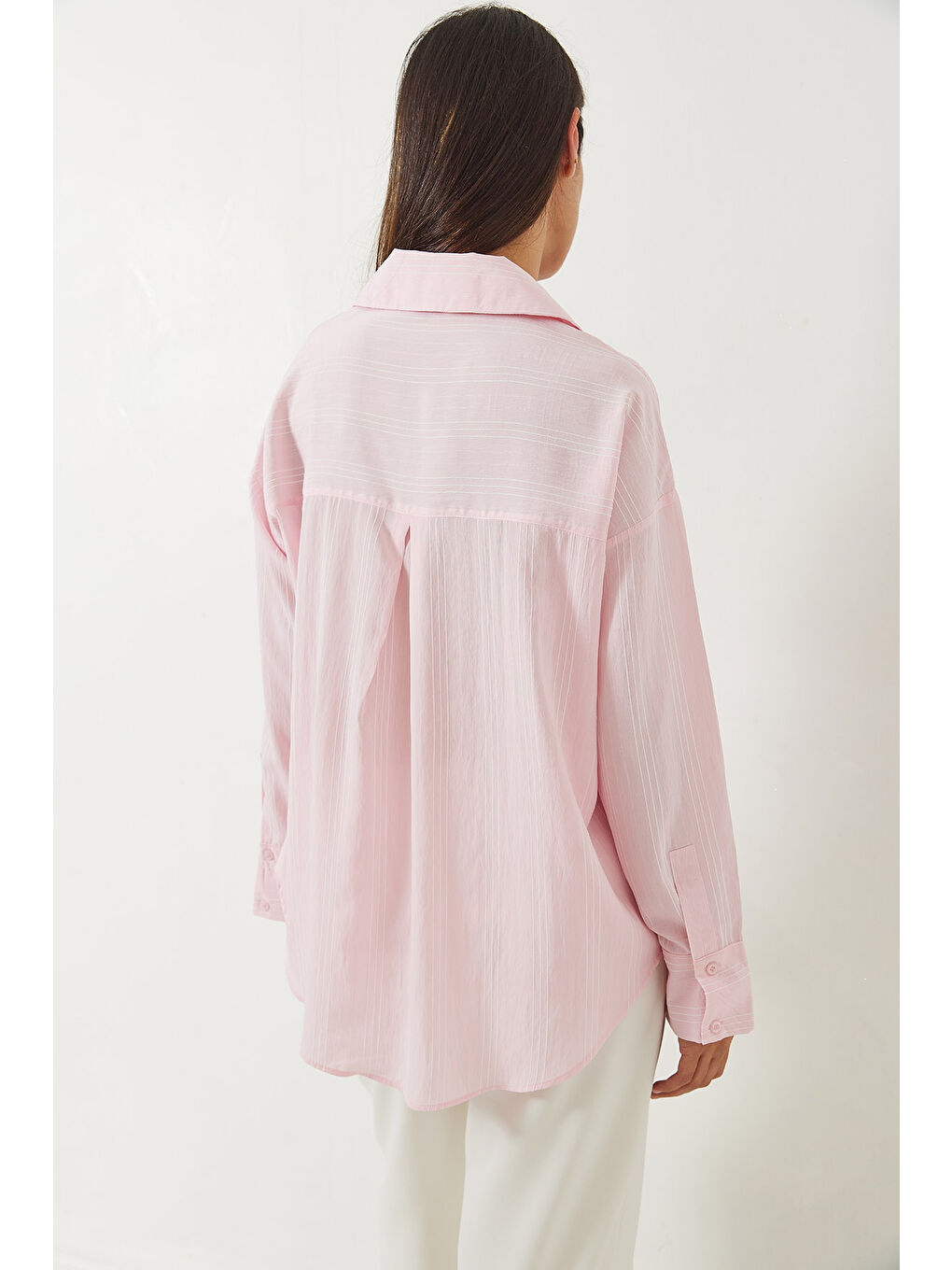 Pembe Kadın Tek Cepli Çizgili Salaş Gömlek-7