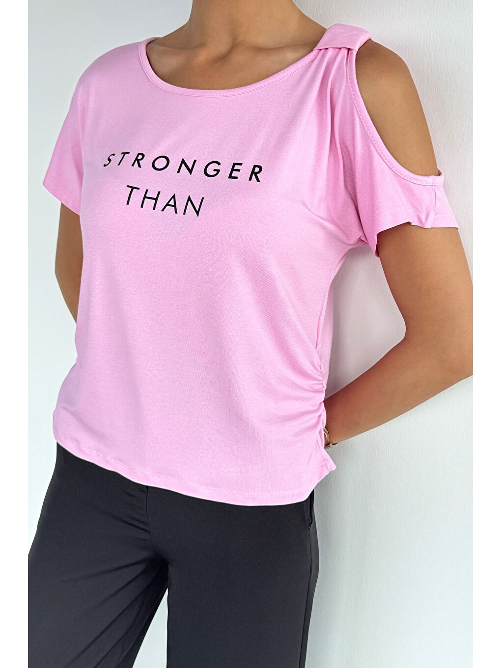Pembe Kadın Baskılı Basic Tişört-1