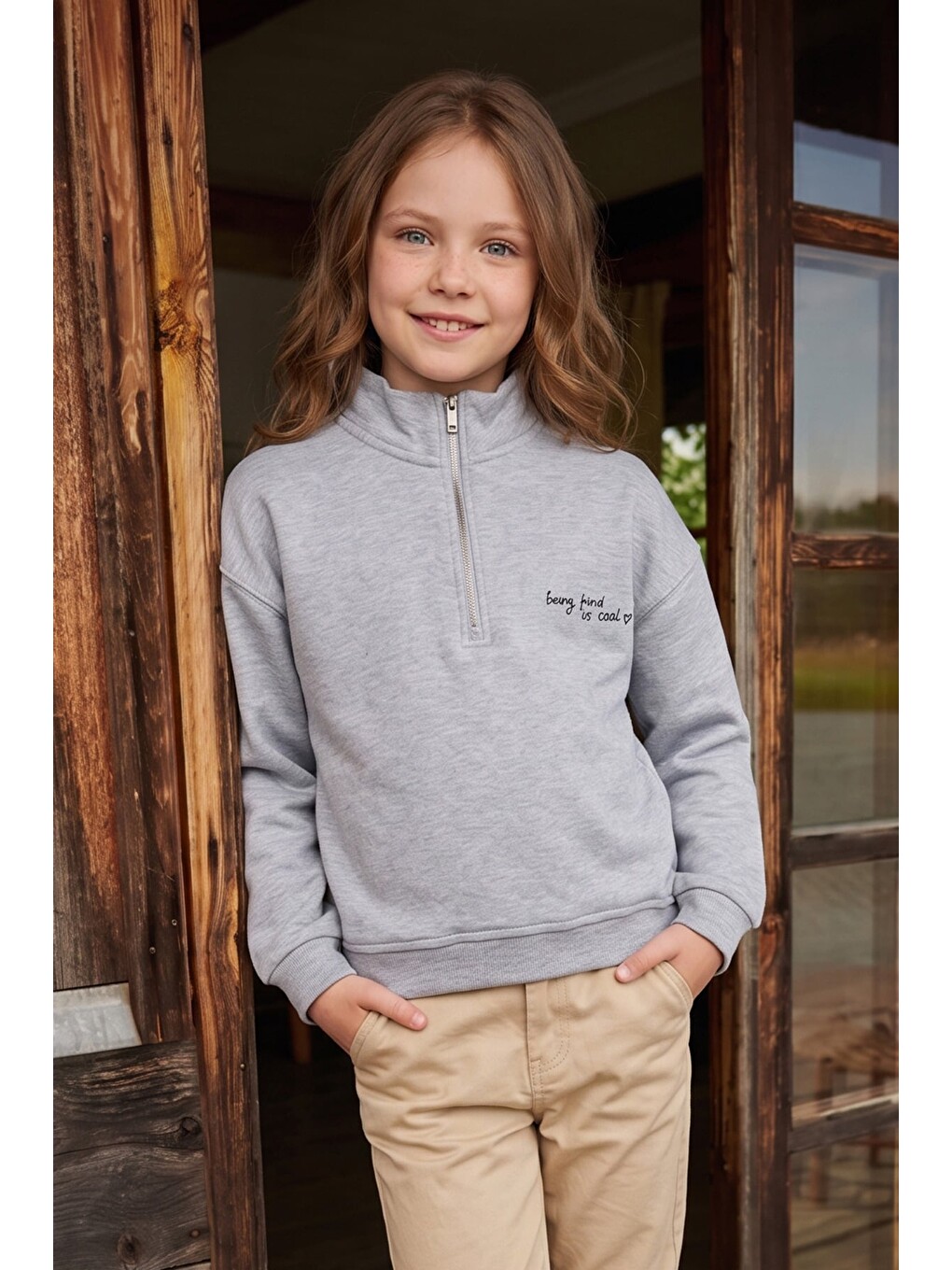 Gri 3 İplik Yarım Fermuarlı Dik Yaka Kız Çocuk Sweatshirt