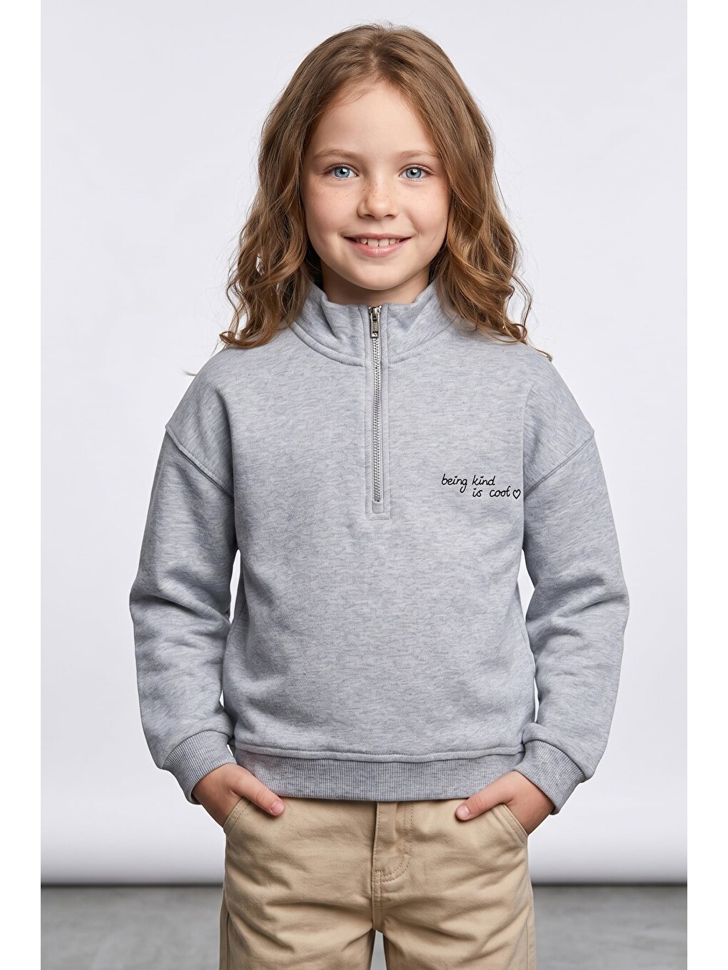 Gri 3 İplik Yarım Fermuarlı Dik Yaka Kız Çocuk Sweatshirt-1