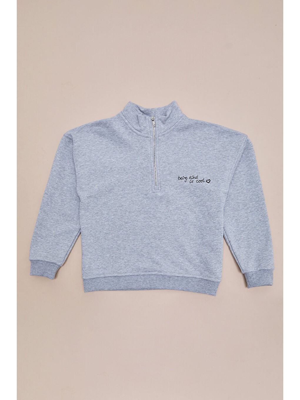 Gri 3 İplik Yarım Fermuarlı Dik Yaka Kız Çocuk Sweatshirt-2