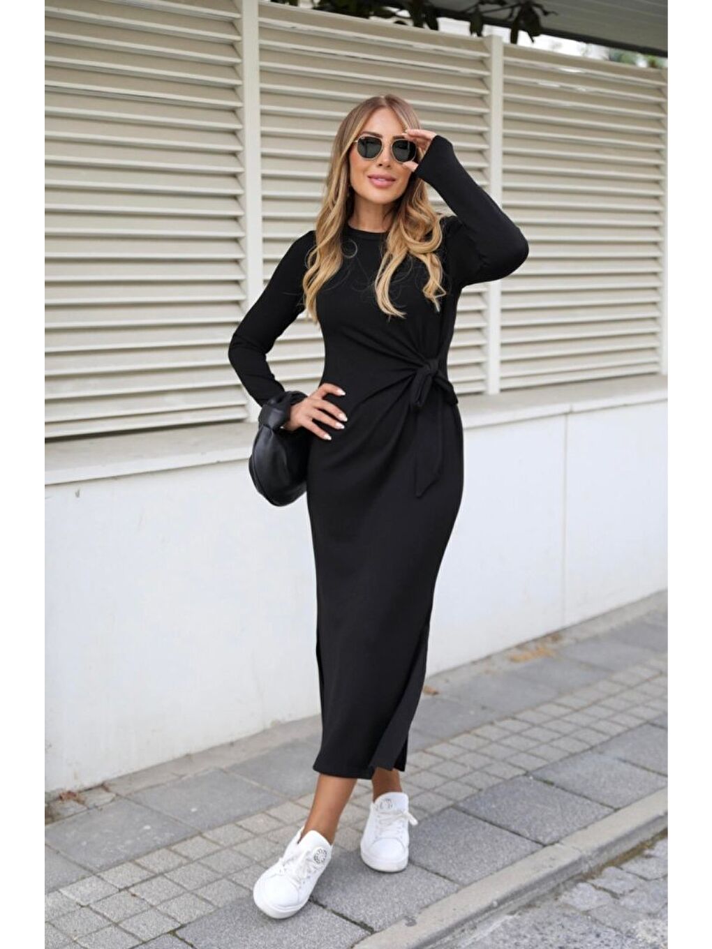 Siyah Kadın Uzun Kollu Bisiklet Yaka Belden çapraz Bağlamalı Yandan Yırtmaçlı Uzun Viskon Iki Iplik Elbise