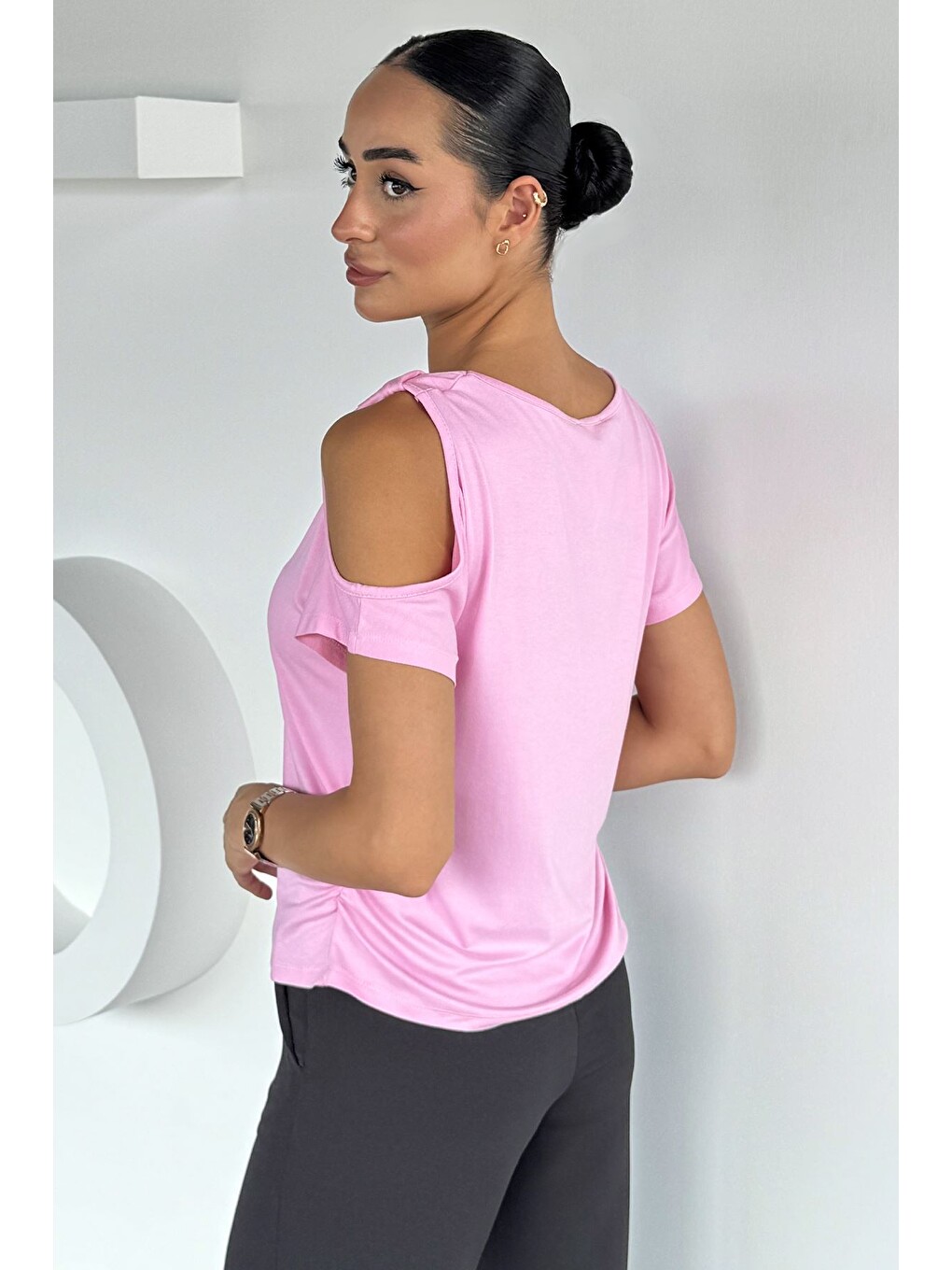 Pembe Kadın Baskılı Basic Tişört-3