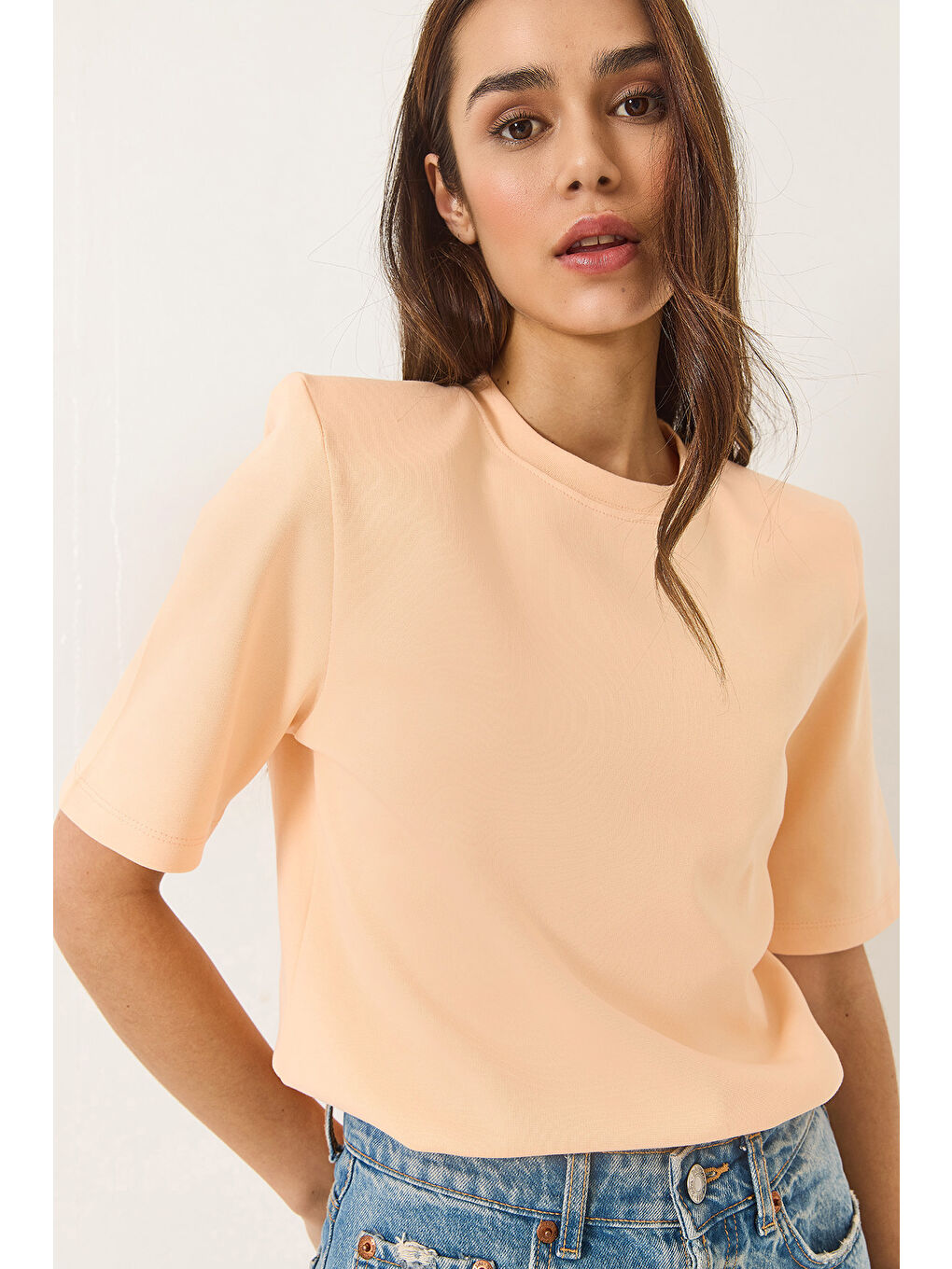 Turuncu Kadın Bisiklet Yaka Vatkalı Pamuklu Basic T-Shirt