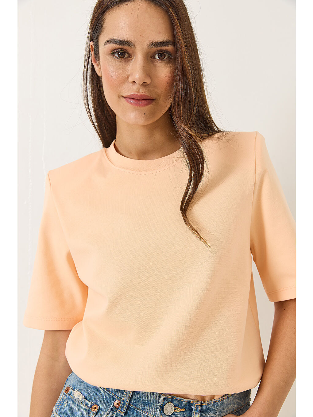 Turuncu Kadın Bisiklet Yaka Vatkalı Pamuklu Basic T-Shirt-1