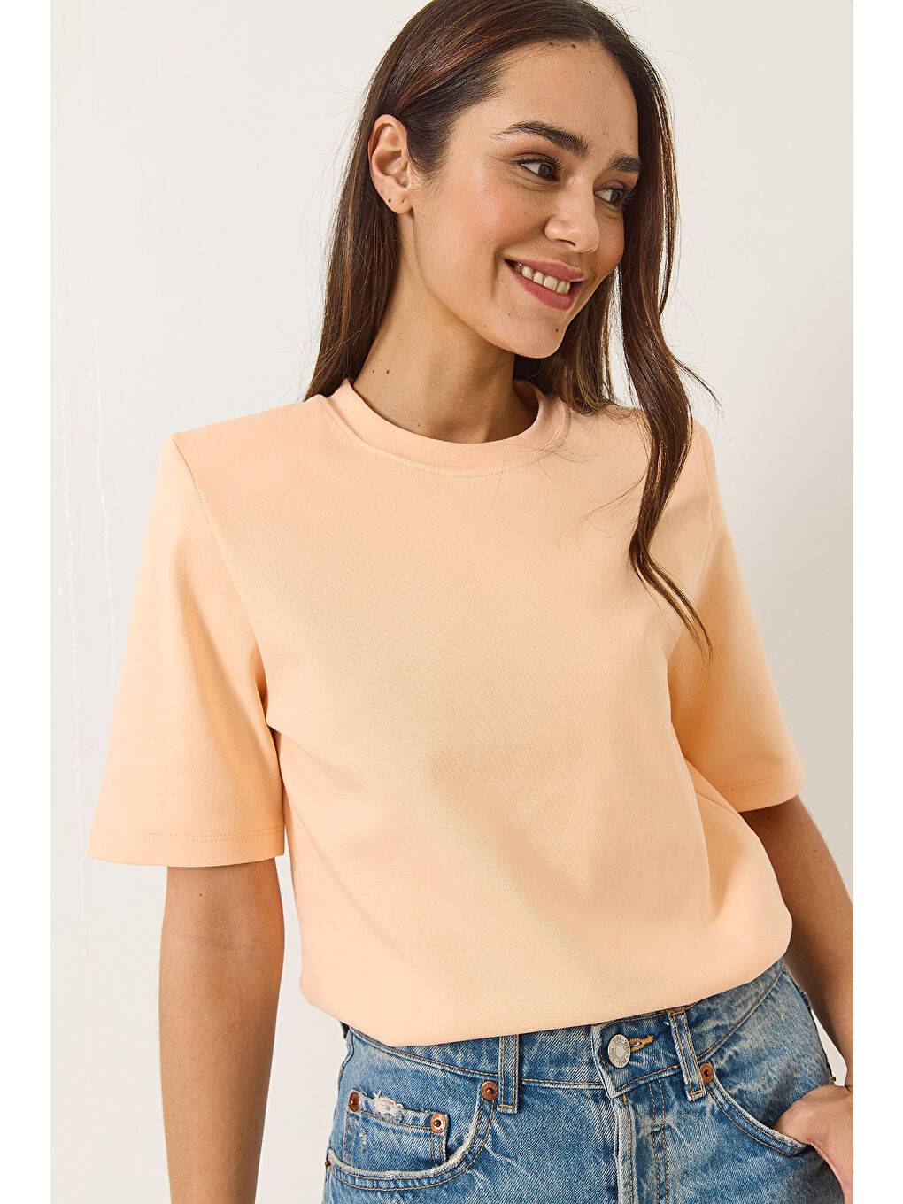 Turuncu Kadın Bisiklet Yaka Vatkalı Pamuklu Basic T-Shirt-2