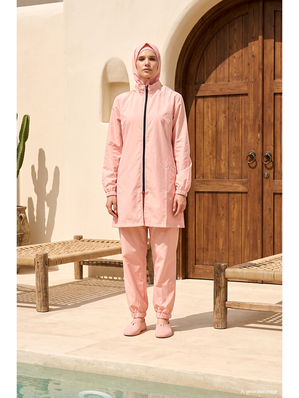 Pembe Çift Bone Paraşüt Tam Kapalı Tesettür Mayo 01 Pudra-2