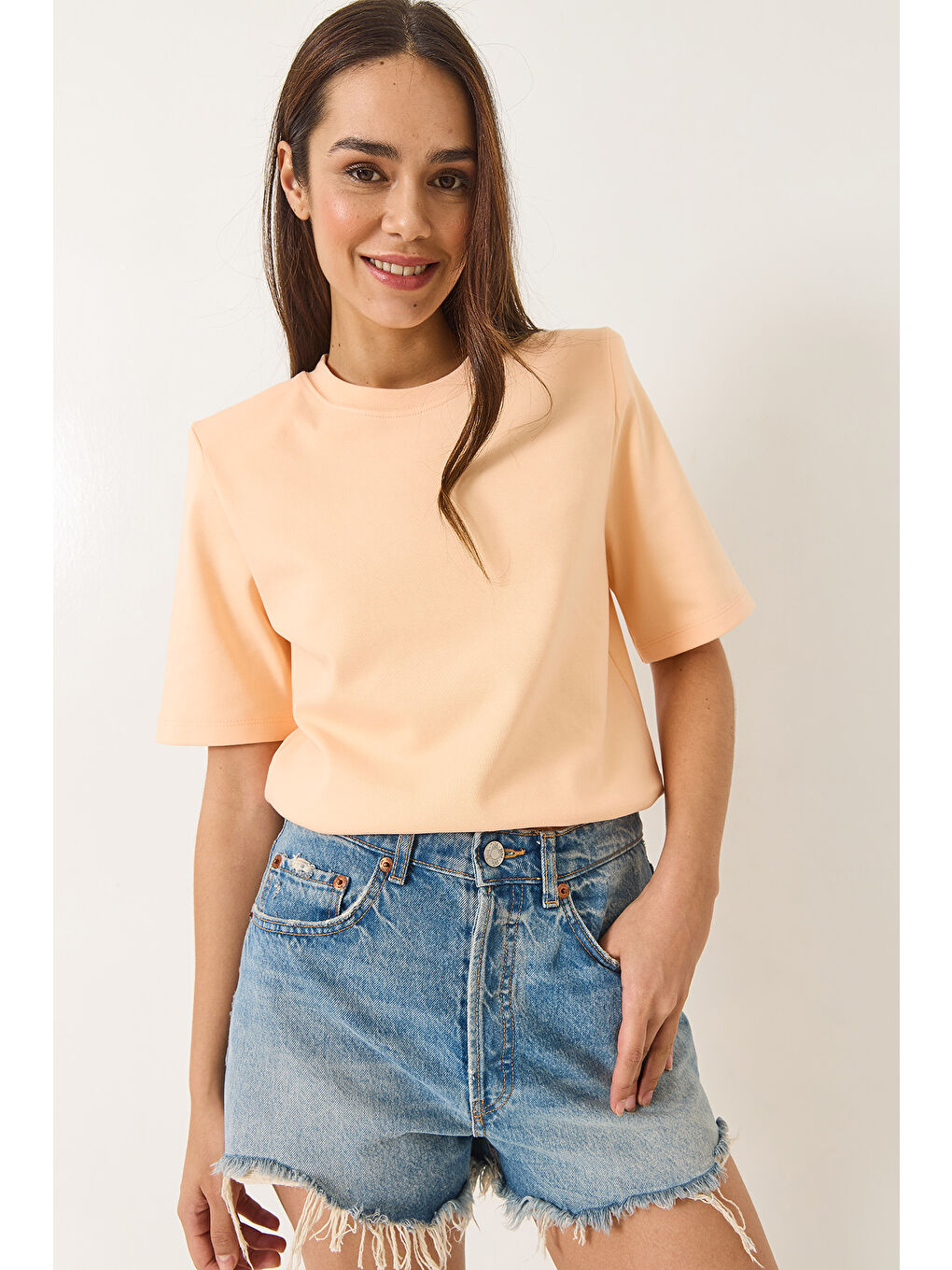 Turuncu Kadın Bisiklet Yaka Vatkalı Pamuklu Basic T-Shirt-3