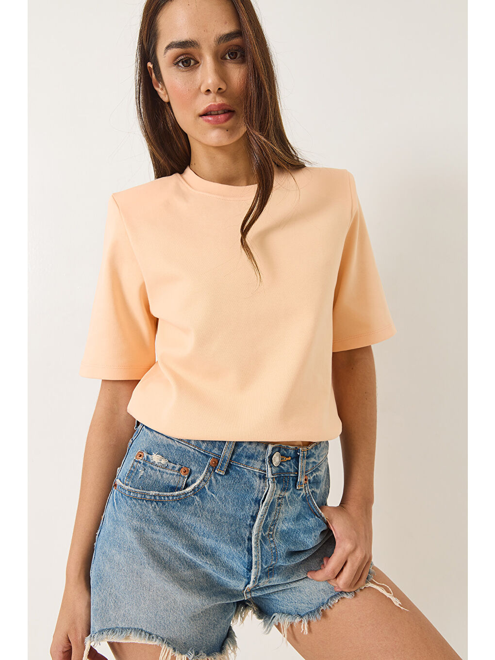 Turuncu Kadın Bisiklet Yaka Vatkalı Pamuklu Basic T-Shirt-4