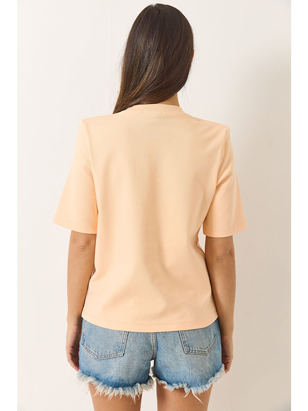 Turuncu Kadın Bisiklet Yaka Vatkalı Pamuklu Basic T-Shirt-6