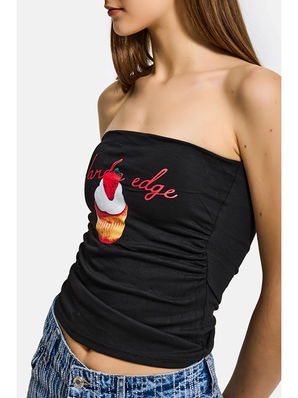Kadın Siyah w5 Baskılı Cup Destekli Straplez Tasarım Büstiyer