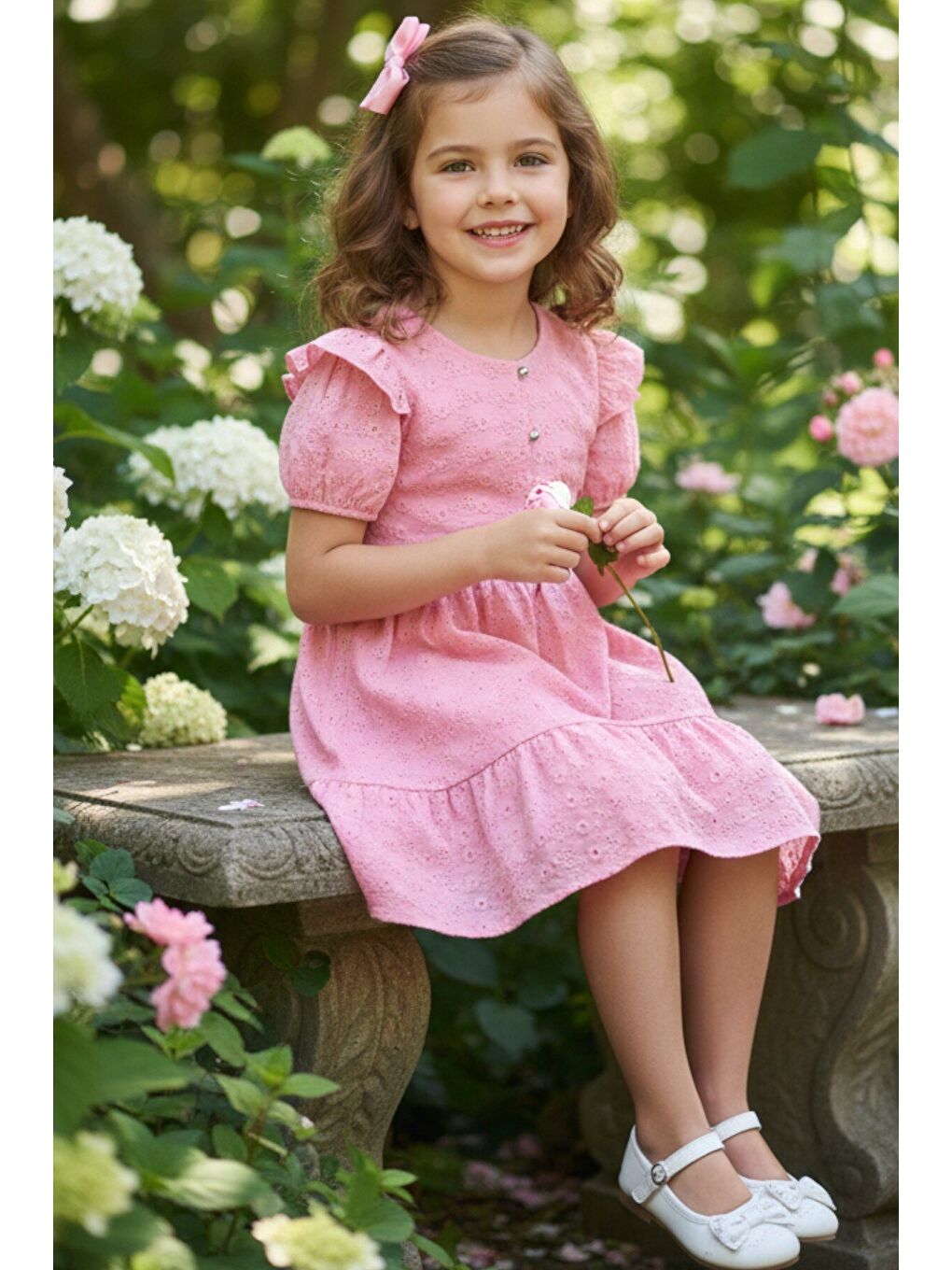 Kız Çocuk Pembe Fisto Kumaş Düğmeli Yazlık Elbise 12528-1