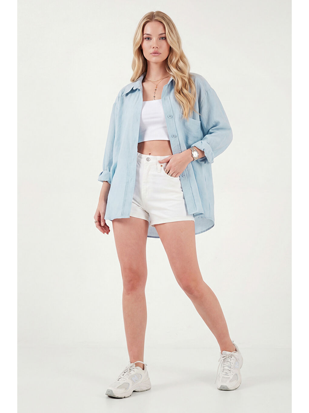 Mavi Modal Oversize Fit Uzun Kollu Kadın Gömlek 6834612-1