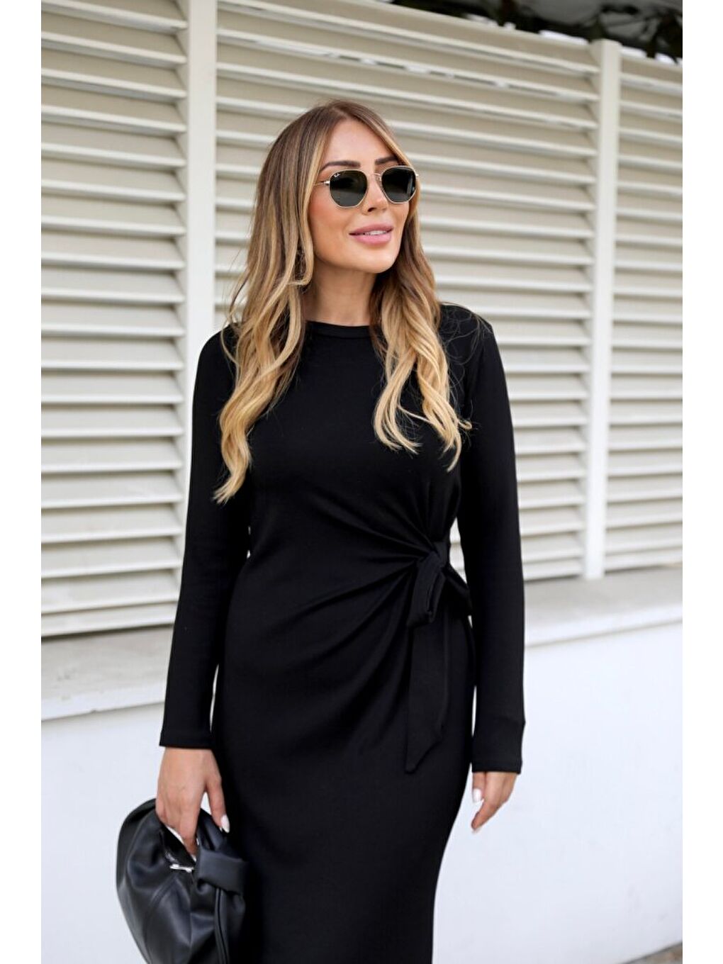Siyah Kadın Uzun Kollu Bisiklet Yaka Belden çapraz Bağlamalı Yandan Yırtmaçlı Uzun Viskon Iki Iplik Elbise-2