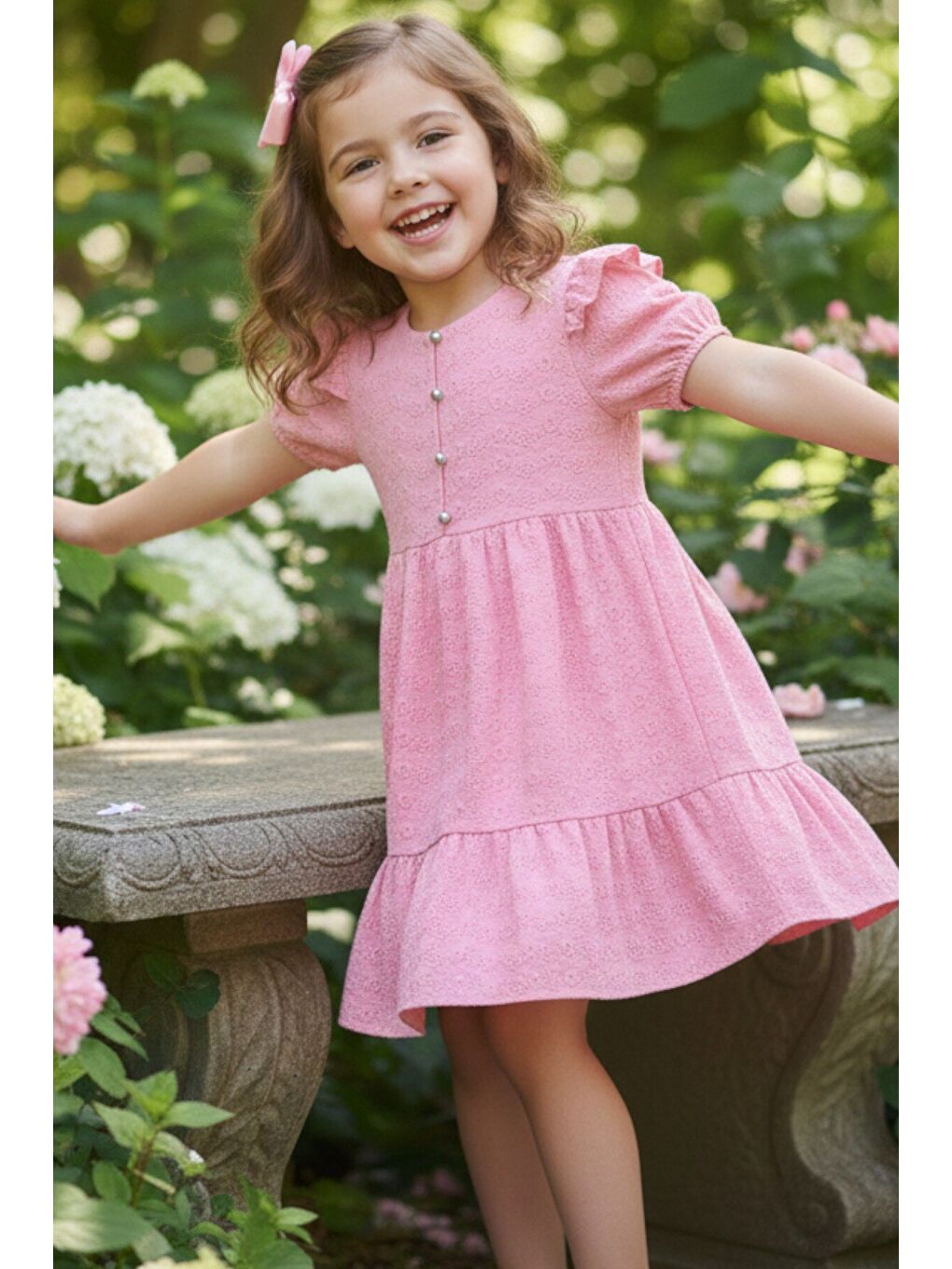 Kız Çocuk Pembe Fisto Kumaş Düğmeli Yazlık Elbise 12528-2