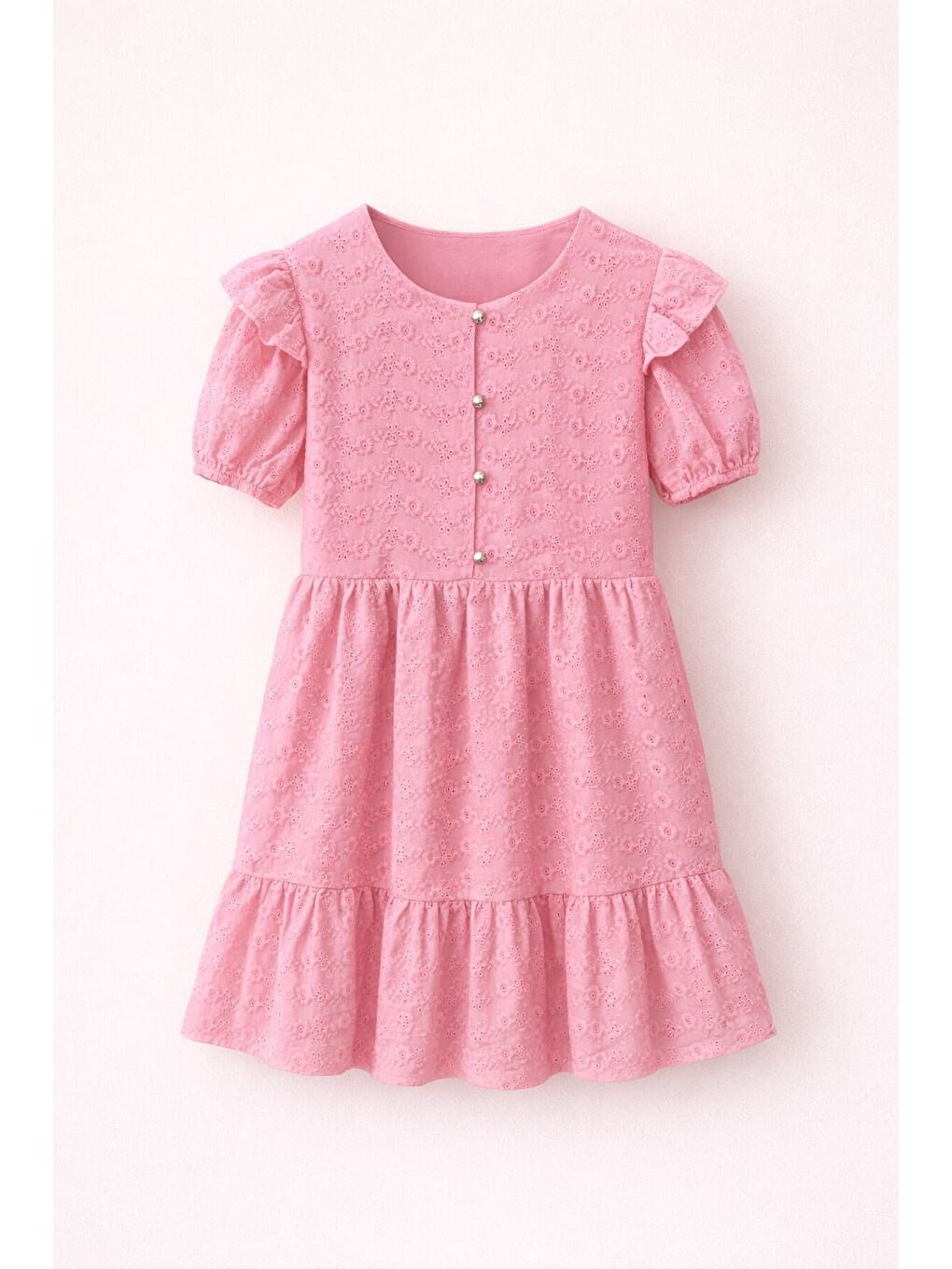 Kız Çocuk Pembe Fisto Kumaş Düğmeli Yazlık Elbise 12528-3