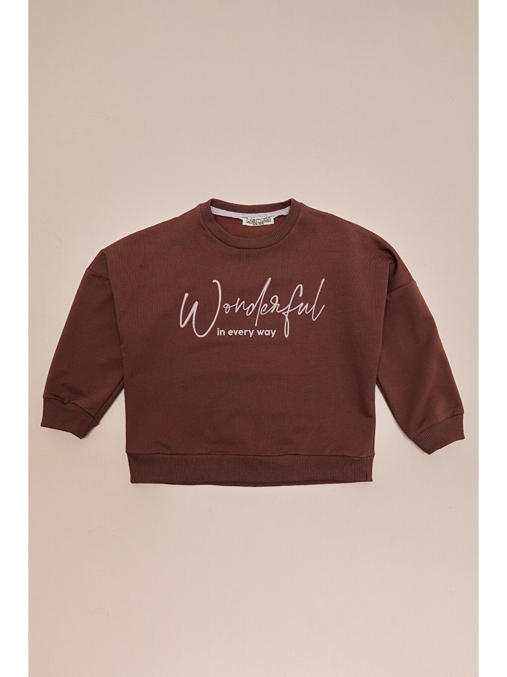 Kahverengi Kabartma Baskılı Oversize Kız Çocuk Sweatshirt-2